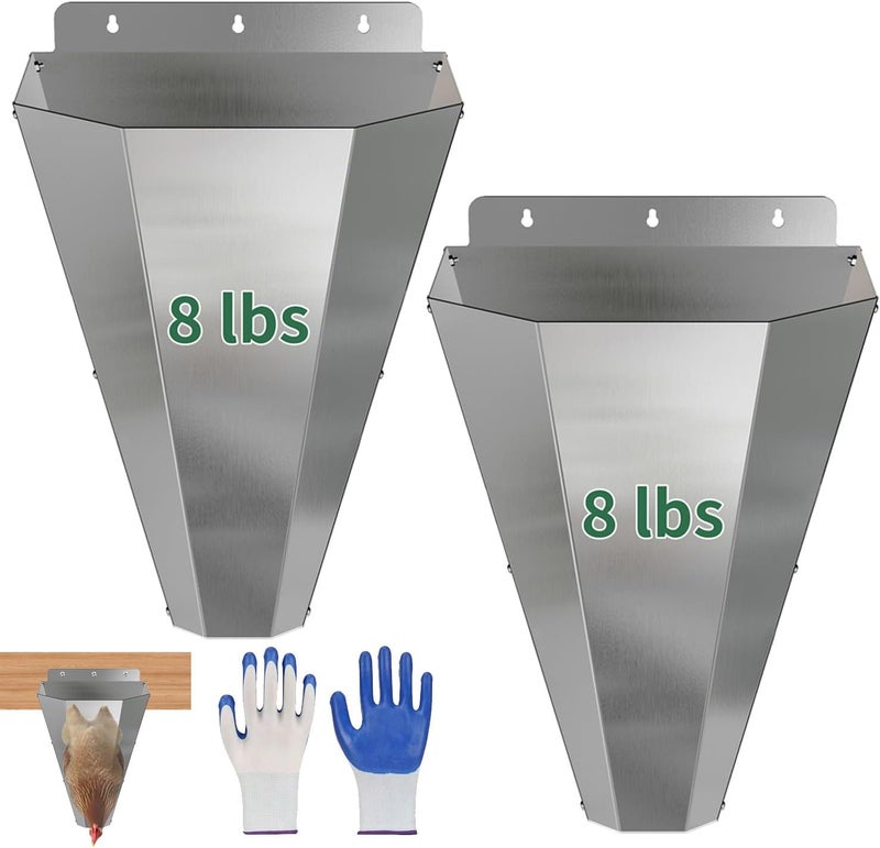 LavviTech Store Medium Chicken Kill Cone for Butchering 2 Pack, Stainless Steel Killing Cones with 2 Pairs of Safety Gloves, Flat-Back Design, for Chickens, Ducks, Turkeys & Poultry up to 8 lbs (Silver) - Image 1